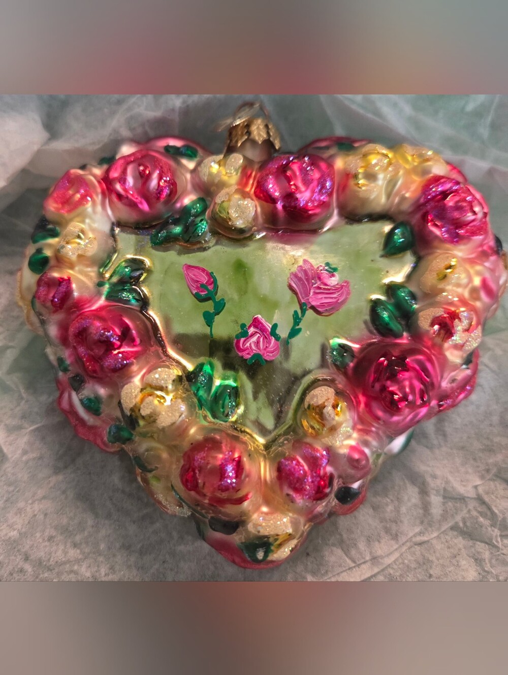 Christopher Radko Heart & Floral Valentine Glass Ornament, Handpainted, 5", Mint